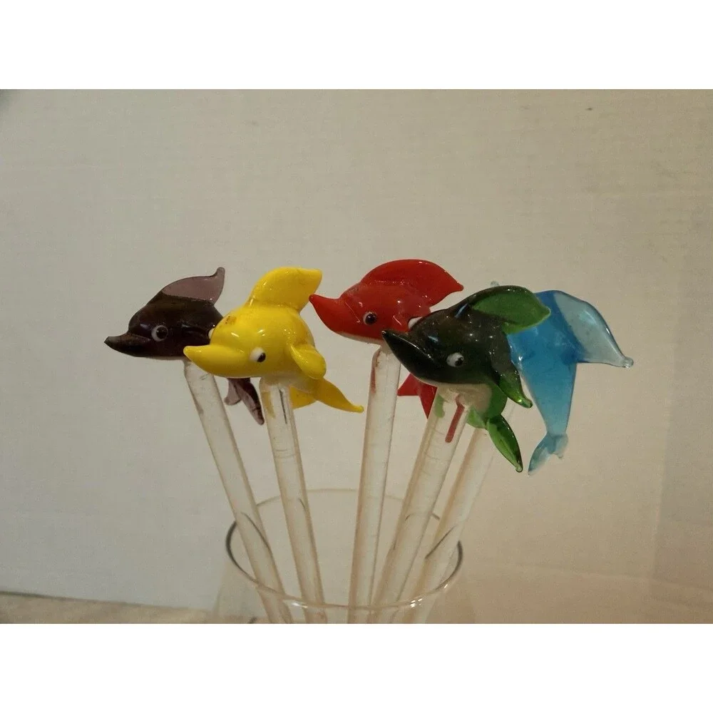 5 Murano Style Hand Blown Glass Dolphin Cocktail Stirrer Swizzle Stick Vintage